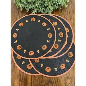 5 Pcs round Halloween Placemats Embroidered Pumpkin Candy Corn Place Mats 15"